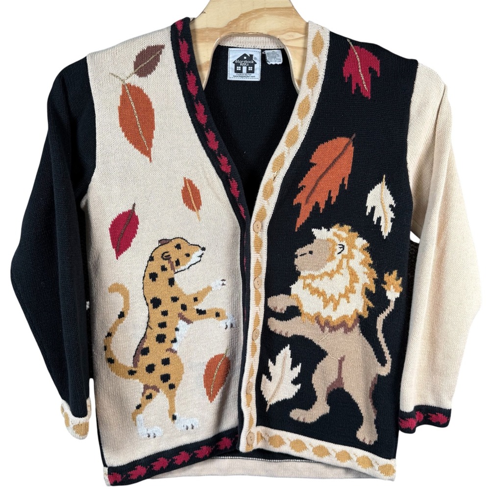 Storybook Knits Lion Leopard Cardigan Womens M Black Cream‎ Safari Autumn Leaves